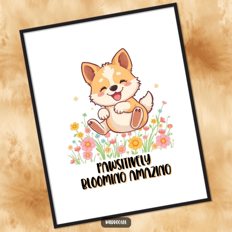 Funny free printable wall art of a delighted wild dog joyfully rolling in a dense field of colorful, blooming flowers.