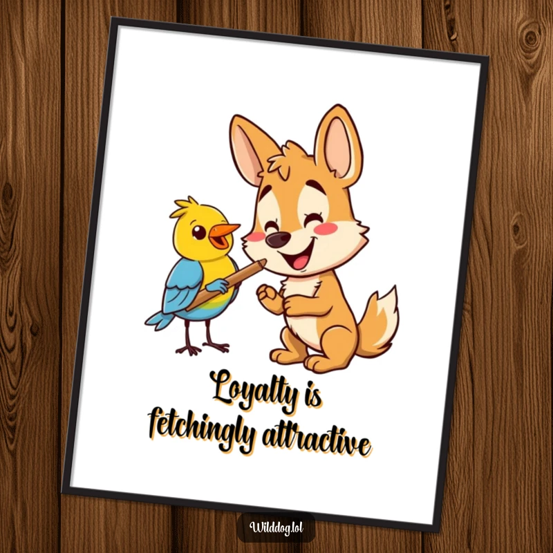 Funny Free Printable Wall Art: Happy wild dog offering a stick to a small, friendly bird.