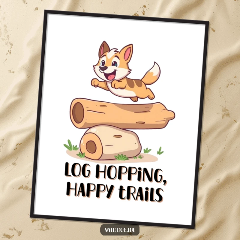 Funny Free Printable Wild Dog Wall Art showing a dog excitedly leaping over a small, cheerful log, capturing a moment of pure action.