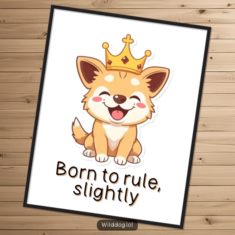 Funny Free Printable Dog Crown Wall Art: A wild dog dons a tiny crown and barks with playful joy. Downloadable art.