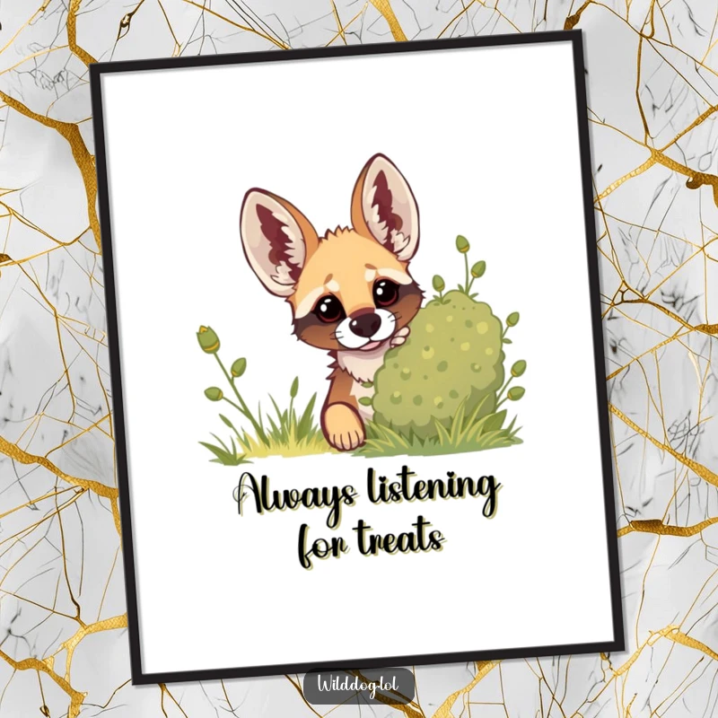 Funny free printable wall art of a wild dog peeking cautiously from behind a green bush, with its ears perked up curiously.