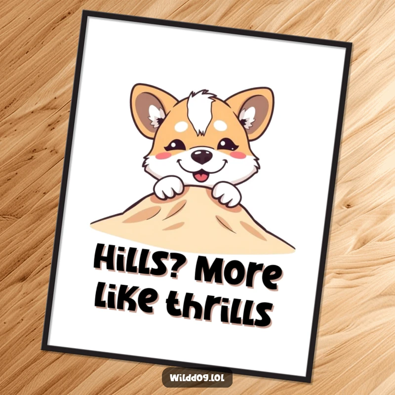 Funny Free Printable Wall Art: A wild dog with a silly grin peeking over a small hill, looking curious and happy.