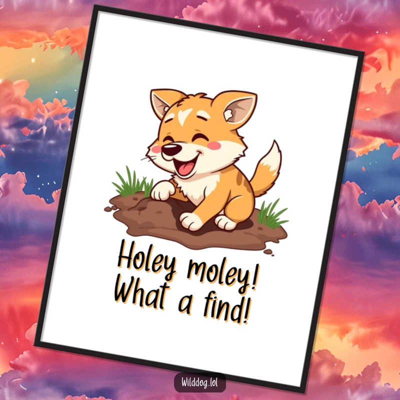 Funny free printable wall art, a wild dog excitedly digging a massive hole with pure, unadulterated joy.