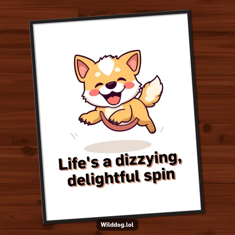 Funny Free Printable Wall Art: A wild dog captured mid-spin, comically obsessed with chasing its own tail, full of energy.