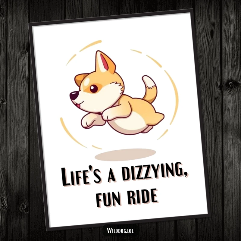 Funny free printable wall art of a wild dog caught in a hilarious, dizzy circle as it chases its own tail.