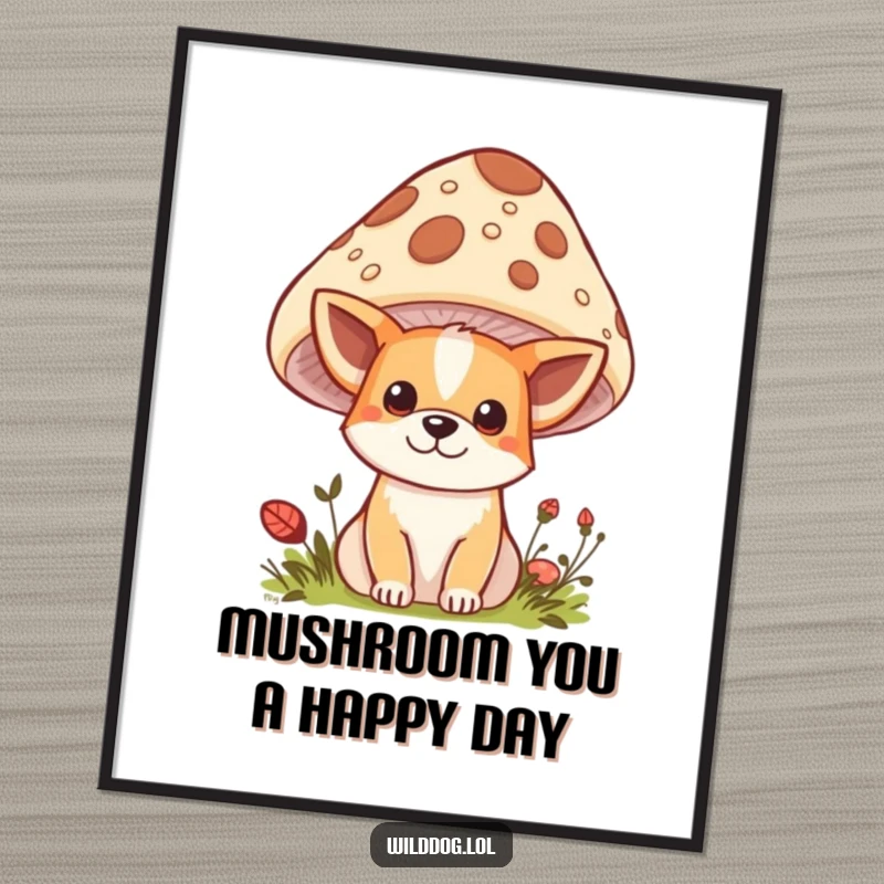 Funny Free Printable Wall Art: Kawaii dog peeking from behind a large, spotted mushroom, with curious eyes.