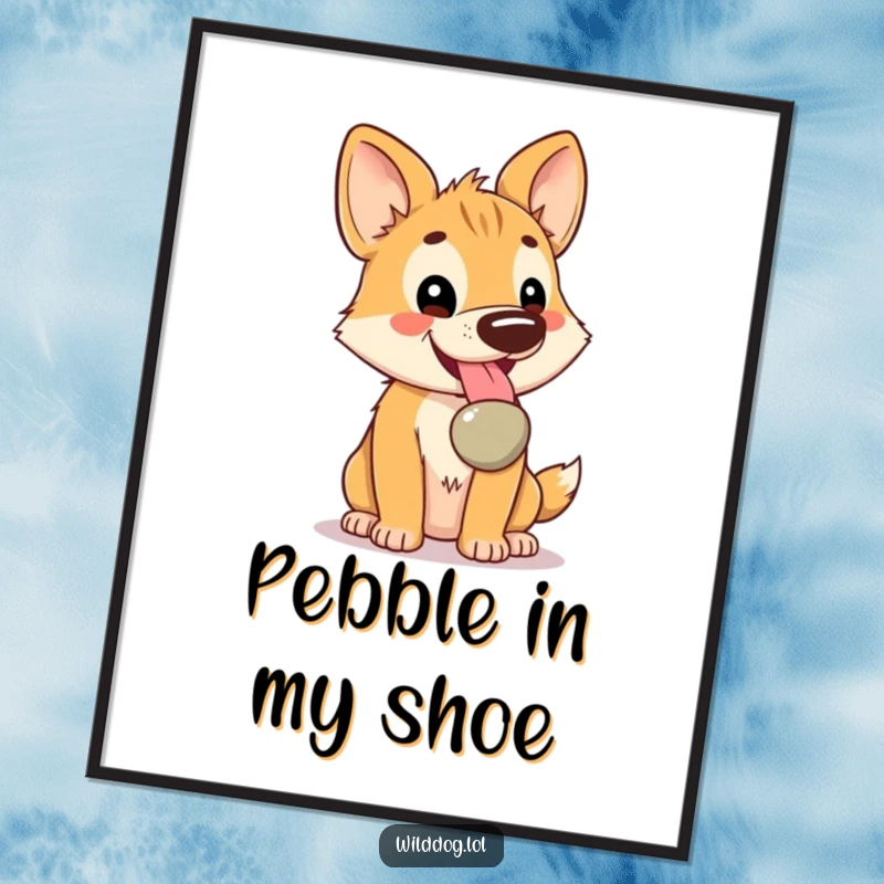 Funny Free Printable Wall Art: Kawaii dog panting happily with a shiny pebble in its mouth, pure joy.