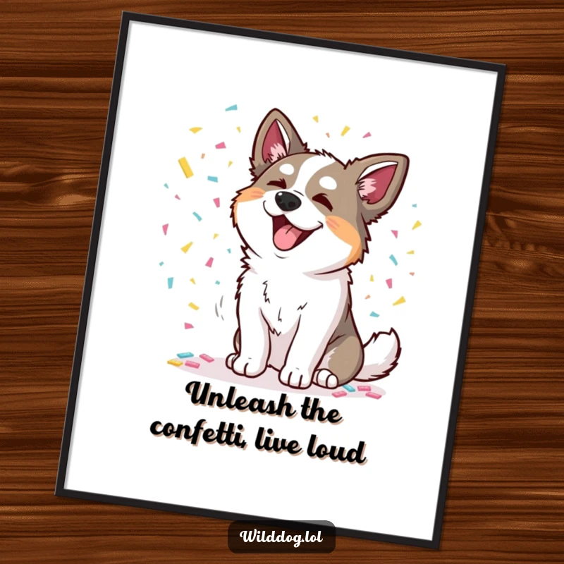 Funny free printable wall art: a wild dog joyfully scattering colorful confetti, creating a dynamic and celebratory art piece.