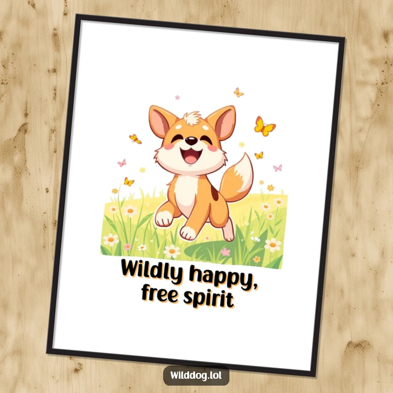 Funny Free Printable Wall Art: A joyful dog with a vigorously wagging tail happily chases butterflies in a sunlit meadow.