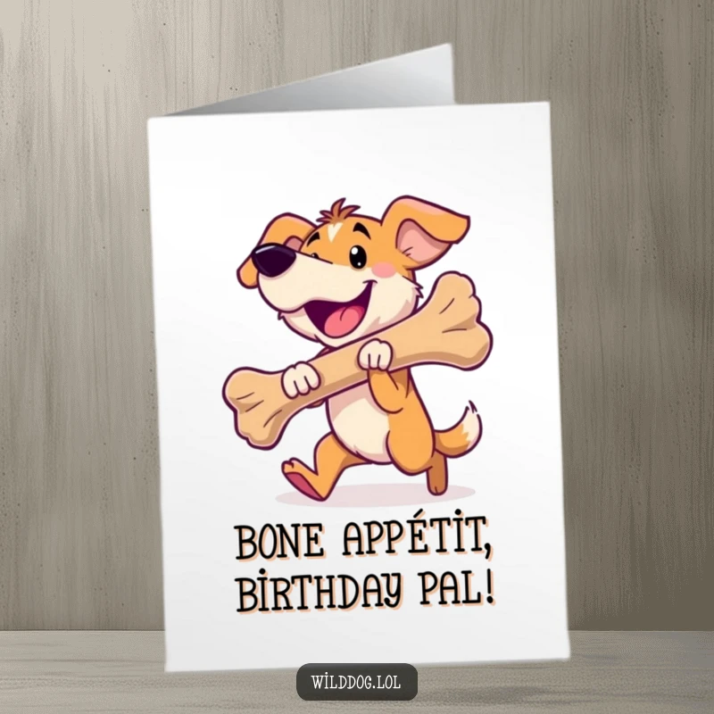 Funny Free Printable Birthday Card: A happy wild dog joyfully carries a huge bone, celebrating a birthday.