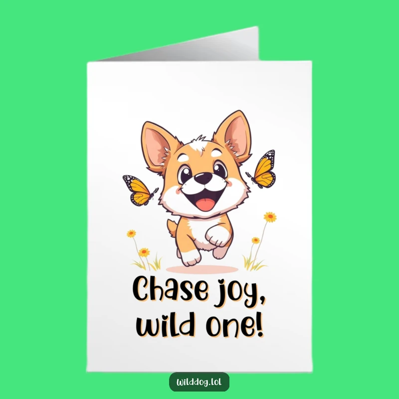Free Printable Birthday Card: Joyful Dog Butterfly Chase - Fun Download Gift