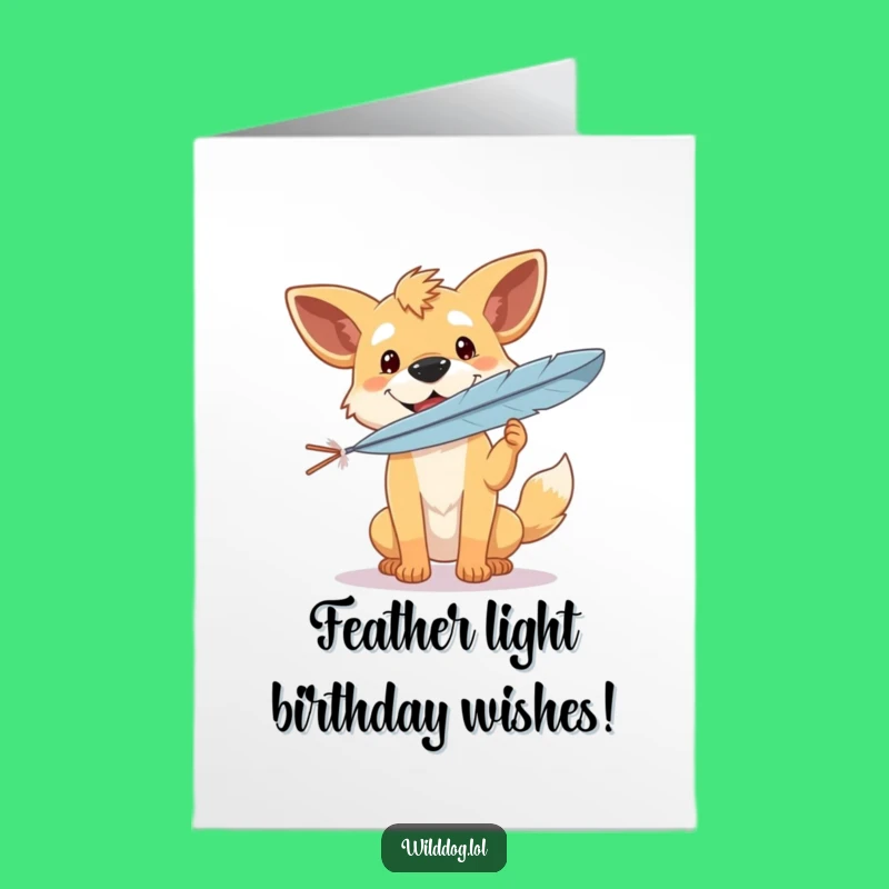 Free Printable Birthday Card: Happy Dog Balancing Feather - Funny Downloadable Gift