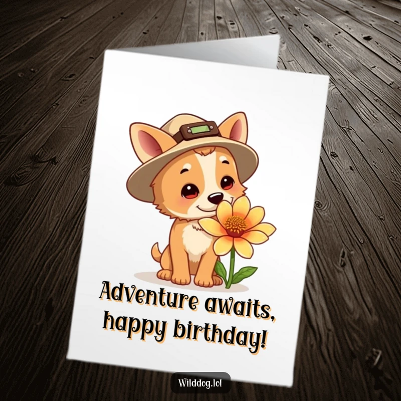 Funny Free Printable Birthday Card: Dog in explorer hat sniffs giant flower, a cute downloadable adventure gift.