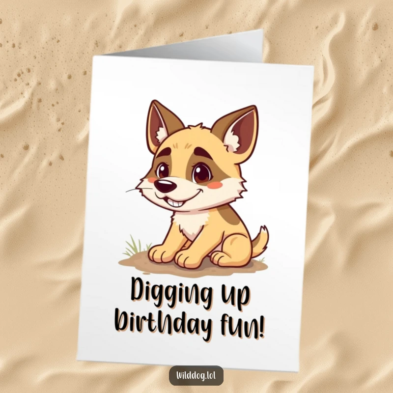 Funny Free Printable Birthday Card: Goofy wild dog with a wide grin, enthusiastically digging a small hole for a buried surprise.