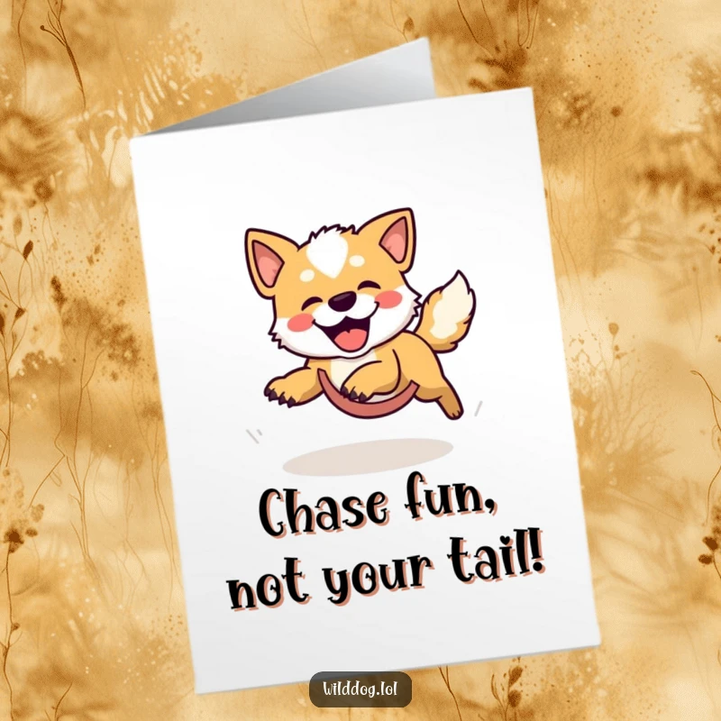 Funny Free Printable Birthday Card: Wild dog hilariously chasing its own tail in a dizzying circle, pure chaotic joy.