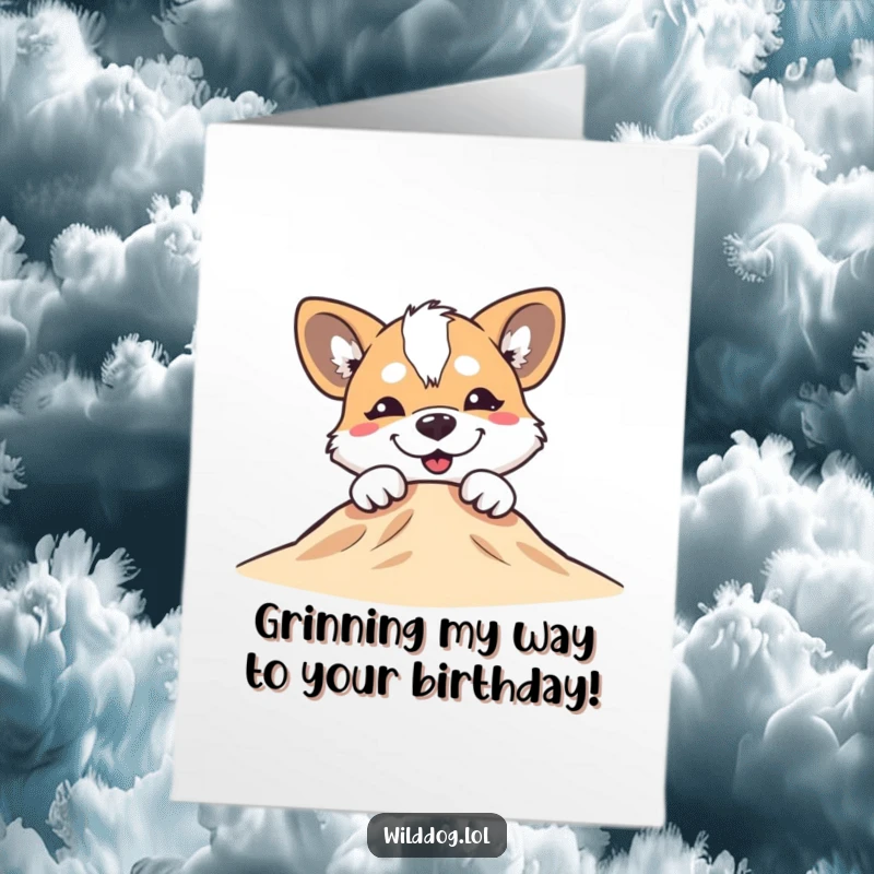 Funny Free Printable Birthday Card: A wild dog with a silly grin peeking over a small hill, ready to celebrate.