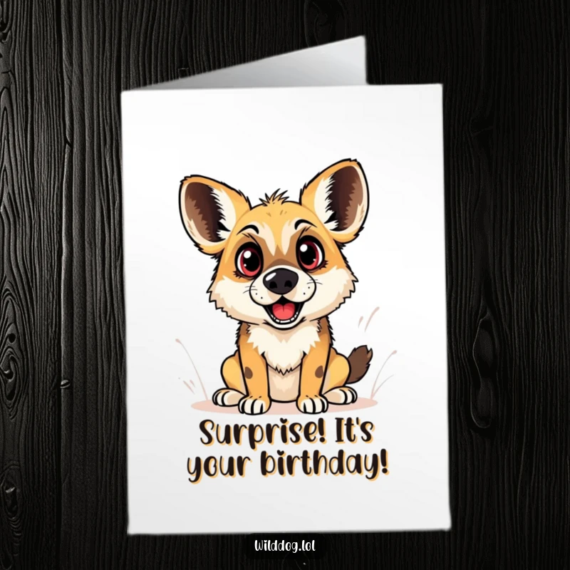 Funny Free Printable Birthday Card: Wild dog with comically wide eyes, showing playful surprise at a birthday revelation.