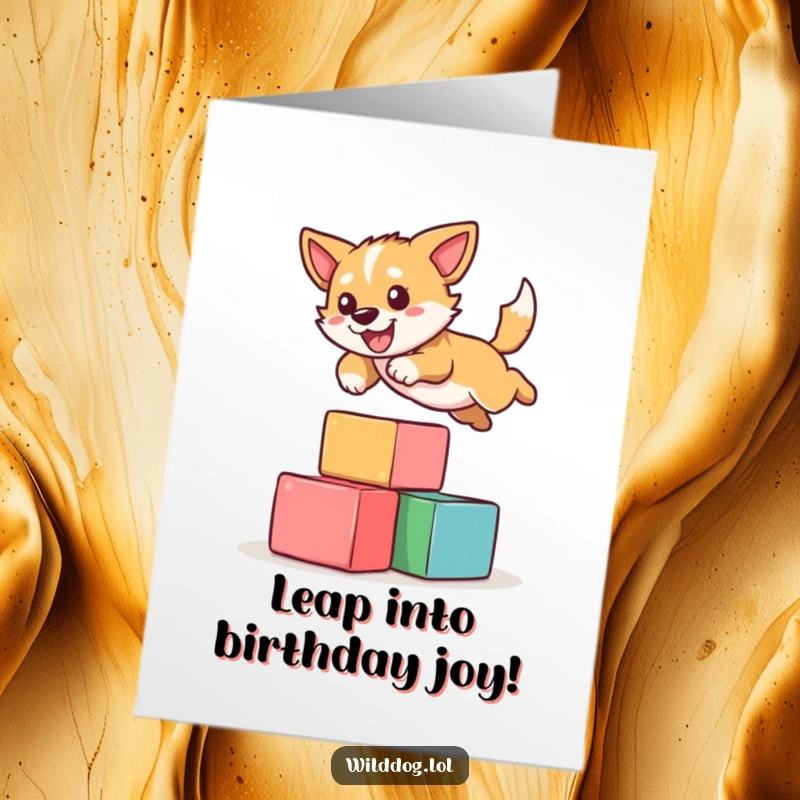 Funny Free Printable Birthday Card: A wild dog energetically leaping over a small stack of colorful blocks, full of life.