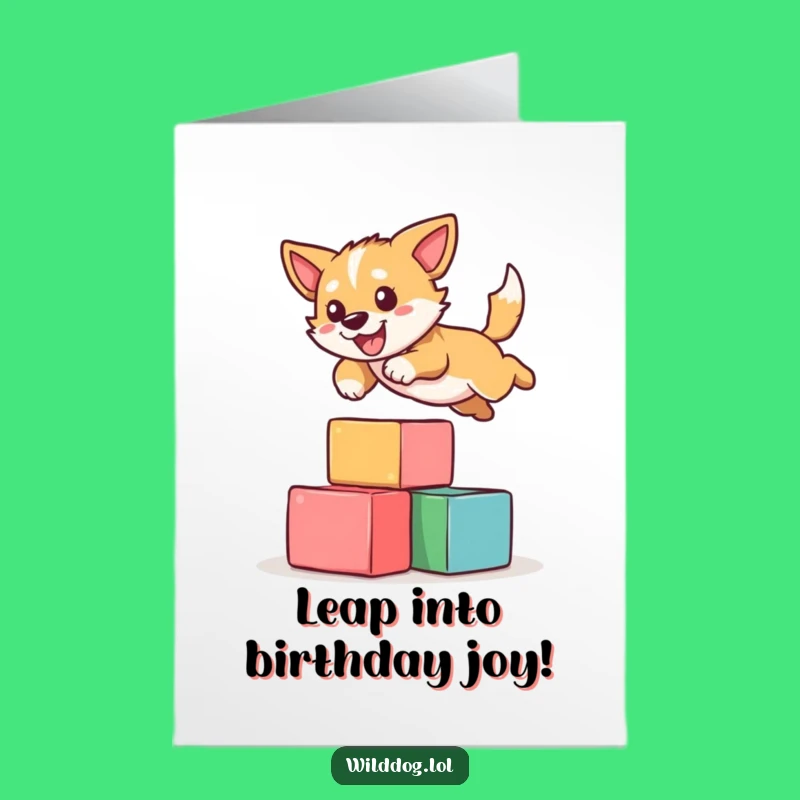 Free Printable Birthday Card: Wild Dog Jumping Blocks - Funny Downloadable Gift