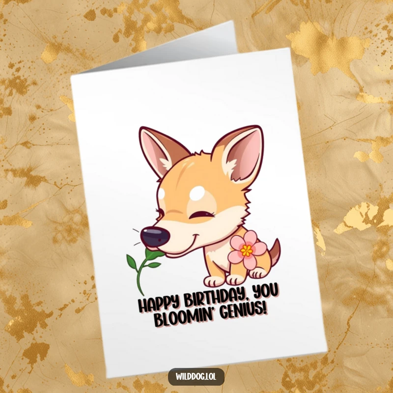 Funny Free Printable Birthday Card: Curious wild dog tilts head while sniffing a flower, sending birthday wishes.