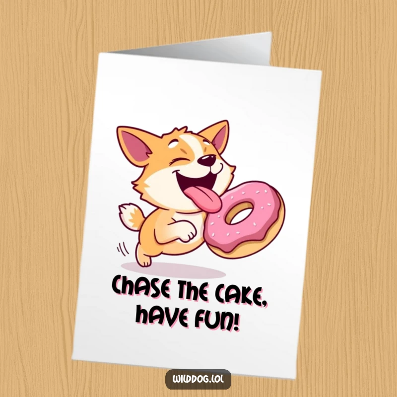 Funny Free Printable Dog Birthday Card: Joyful dog with tongue out chases a rolling donut with excitement.