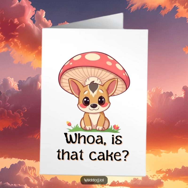 Funny Free Printable Birthday Card: Curious wild dog peeking from behind a mushroom, wide-eyed and mischievous, ready to deliver birthday wishes.