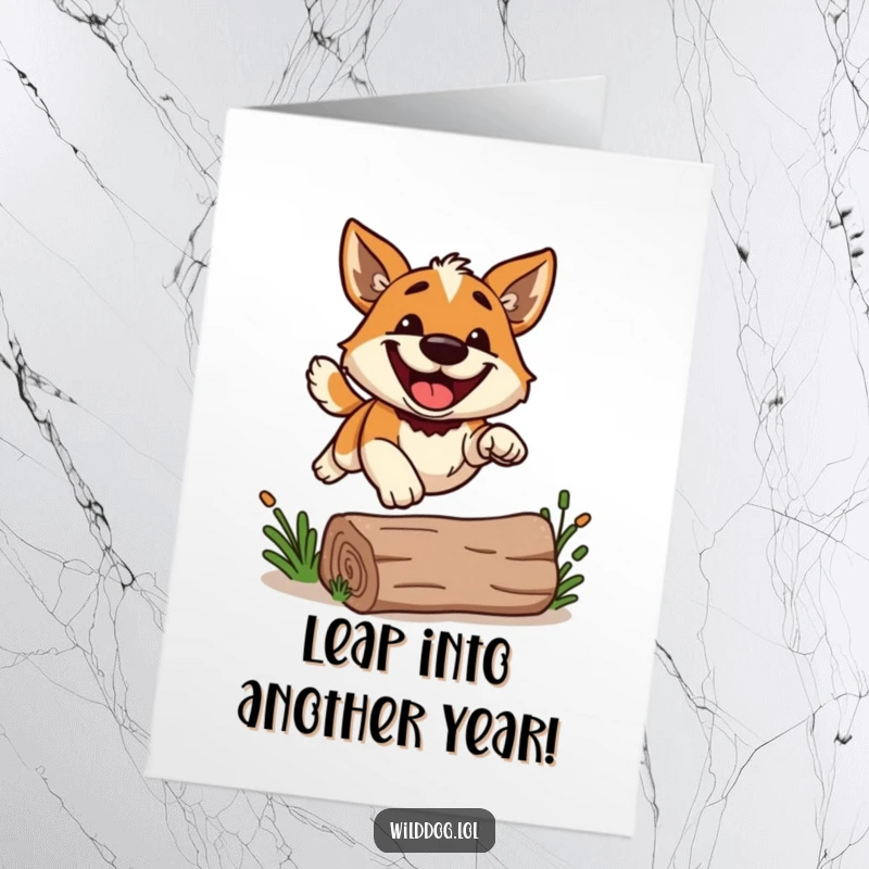 Funny Free Printable birthday card featuring a wild dog with a huge grin, joyfully leaping over a small log with enthusiasm.