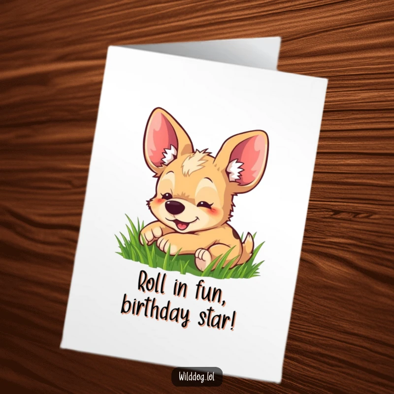 Funny Free Printable Wild Dog Birthday Card: A cute dog with big ears playfully rolling in green grass, expressing pure happiness.