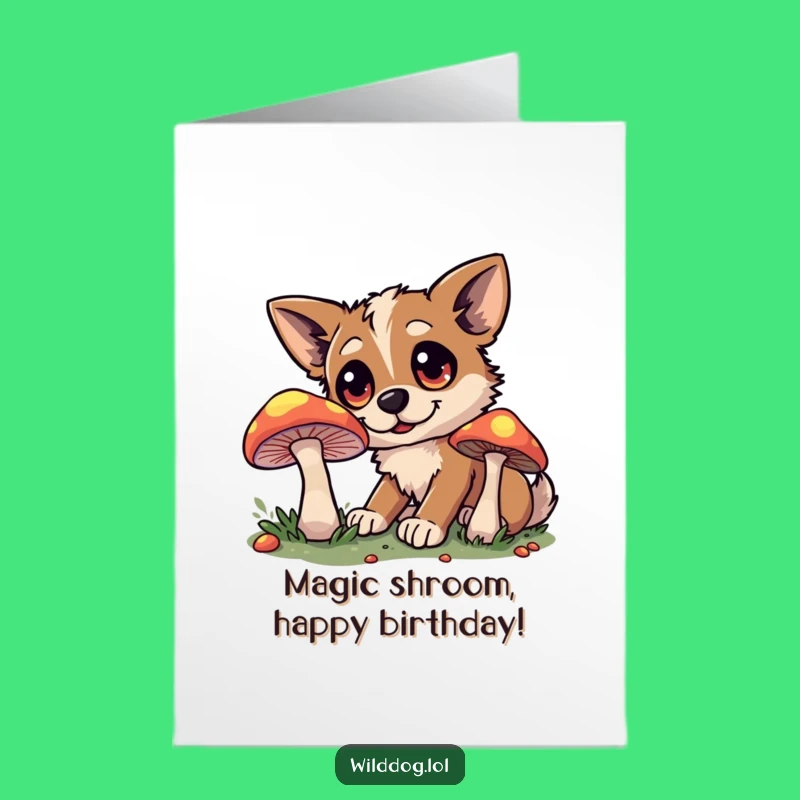 Funny Free Printable Birthday Card: Wild Dog & Glowing Mushroom, Downloadable Gift