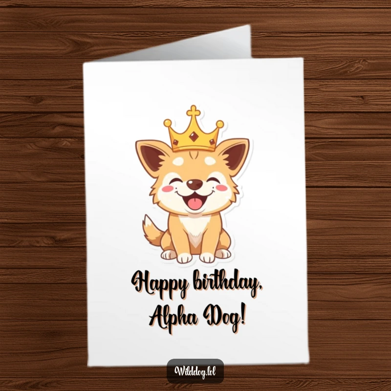 Funny Free Printable Dog Birthday Card: A playful wild dog wears a tiny crown and barks happily. Great for a downloadable DIY celebration.