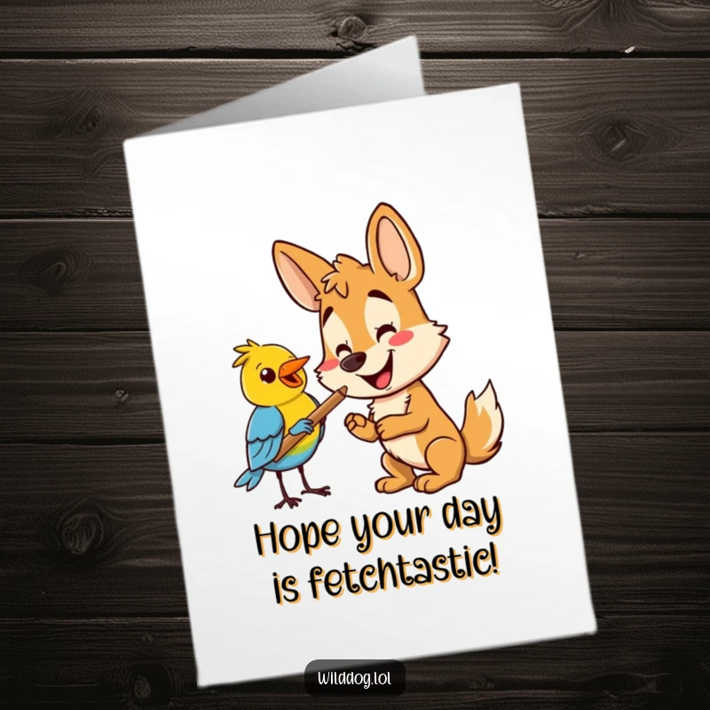 Funny Free Printable Birthday Card: Happy wild dog offering a stick as a gift to a friendly bird.