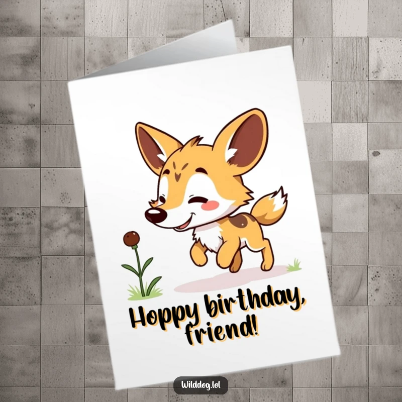 Funny Free Printable Birthday Card: Kawaii dog doing a happy hop after spotting a tasty grub, excited.