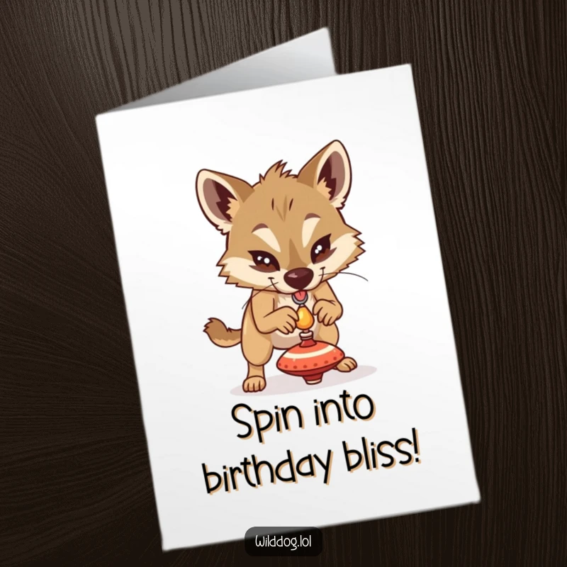 Funny Free Printable Birthday Card: Determined wild dog trying to balance a tiny spinning top, with intense concentration.