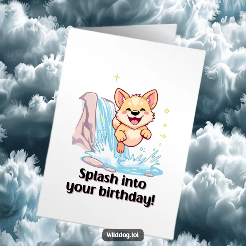 Funny Free Printable Birthday Card: A dog leaps joyfully through a sparkling waterfall with a huge smile.
