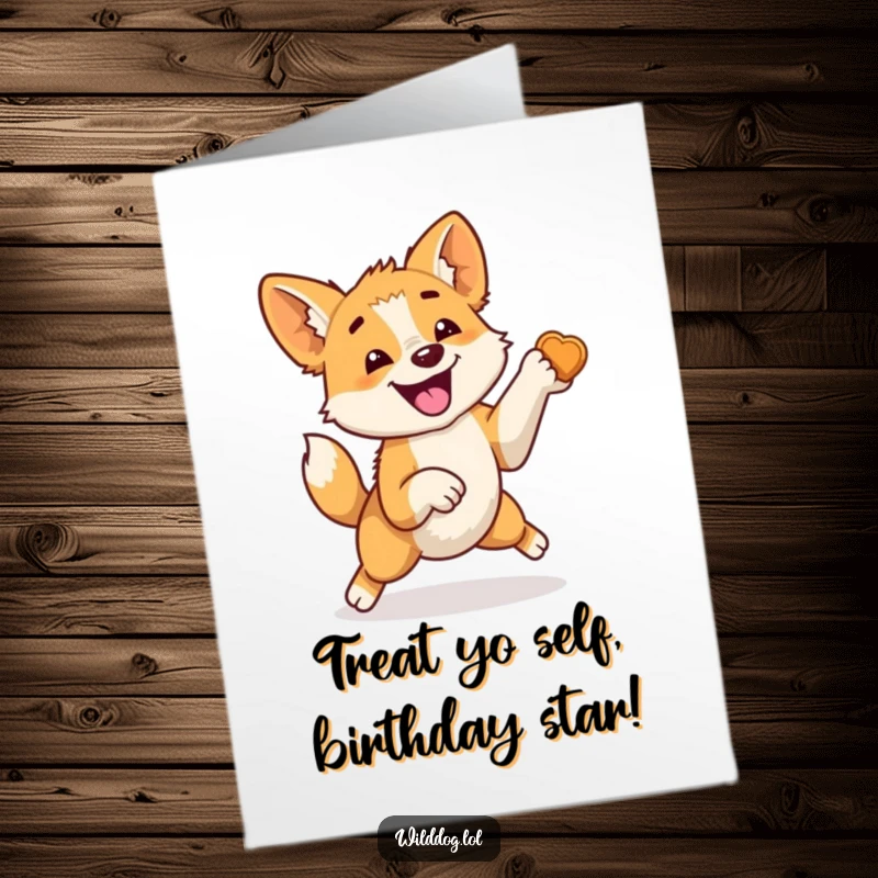Funny Free Printable Birthday Card: Energetic wild dog leaping joyfully, tail a blur, begging for a birthday treat.