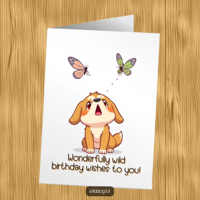Funny Free Printable Birthday Card: A wild dog looks up in wide-eyed surprise at a delicate butterfly floating gracefully in the air.