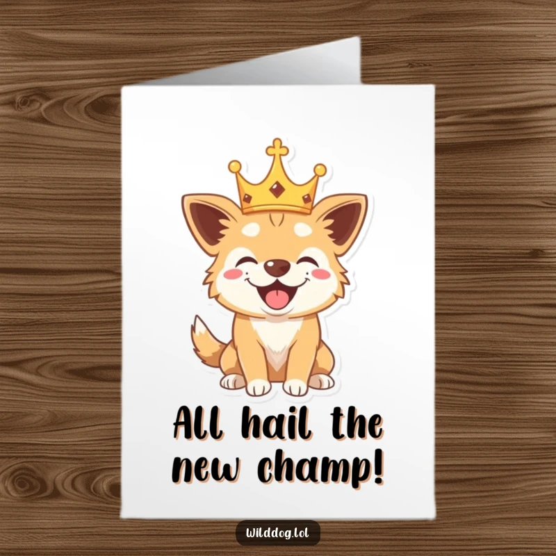 Funny Free Printable Dog Congratulations Card: A wild dog sports a tiny crown and barks playfully. Perfect for a downloadable DIY congratulation.