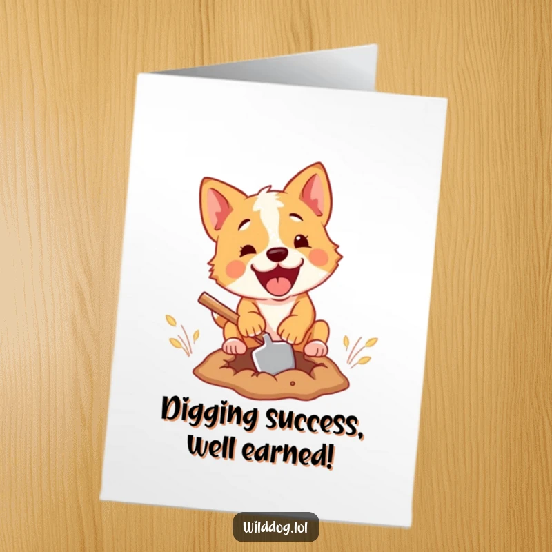 Free Printable Congratulations Card: A wild dog with a tiny shovel excitedly digging, celebrating your awesome achievement.