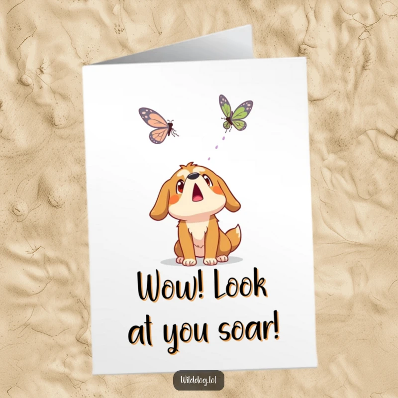 Funny Free Printable Congratulations Card: A wild dog's surprised expression mirrors the wonder of a butterfly's gentle flight, celebrating new beginnings.