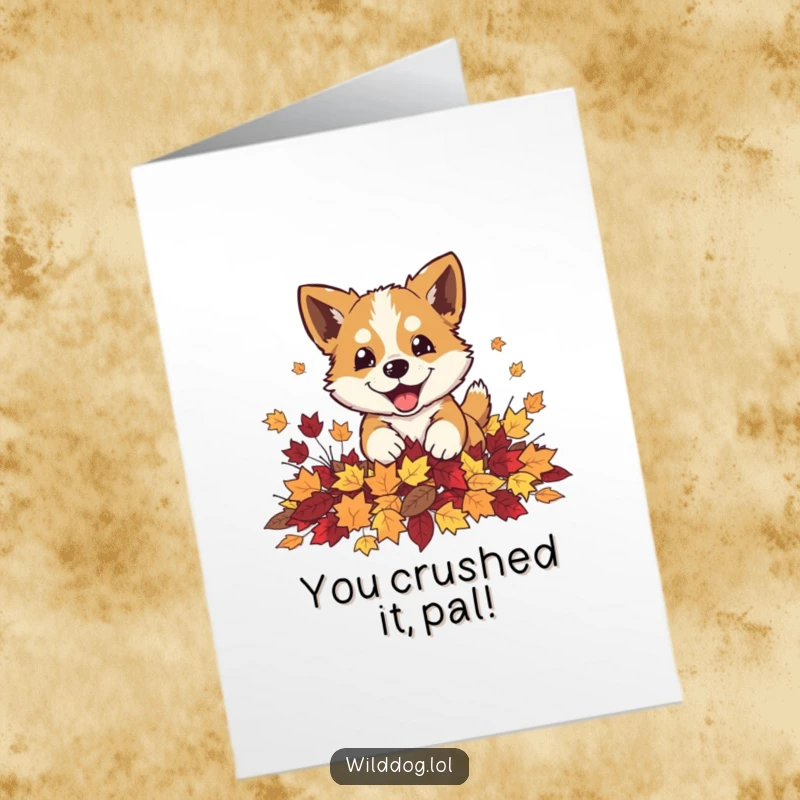 Funny Free Printable Congratulations Card: A wild dog playfully pouncing into a pile of autumn leaves, celebrating a win.