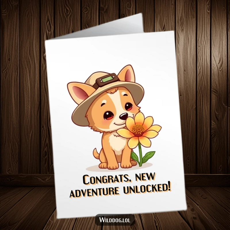 Funny Free Printable Congrats Card: Dog in explorer hat sniffing a huge flower, a delightful downloadable congratulation.