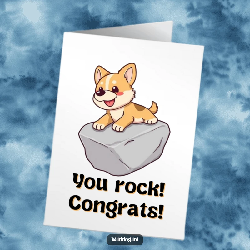 Funny Free Printable Congratulations Card featuring a wild dog gleefully sliding down a steep, smooth rock, symbolizing a fast rise.