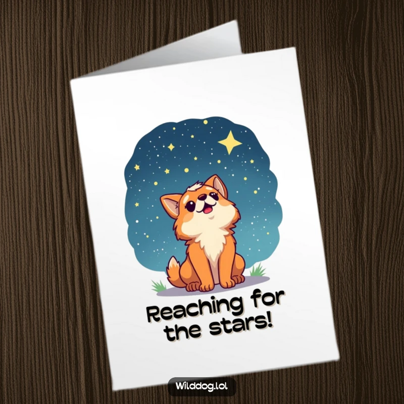Funny Free Printable Congratulations Card: A wild dog gazing upwards at a vast starry night sky filled with wonder.