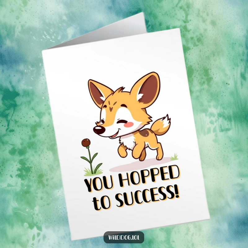 Funny Free Printable Congrats Card: Kawaii dog doing a happy hop after spotting a tasty grub, celebrating.