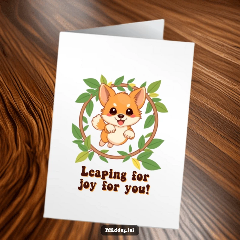 Funny Free Printable Congratulation Card: Agile wild dog leaping through a leaf hoop, showcasing impressive skills.