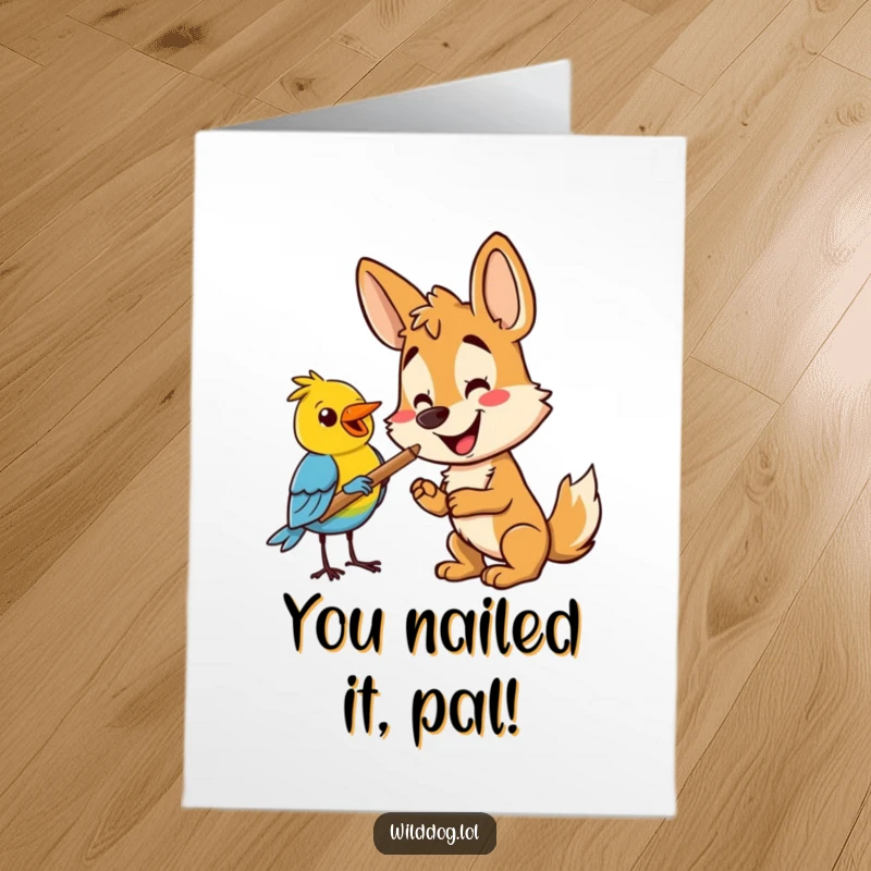 Funny Free Printable Congrats Card: Happy wild dog extending a stick to a cheerful bird.
