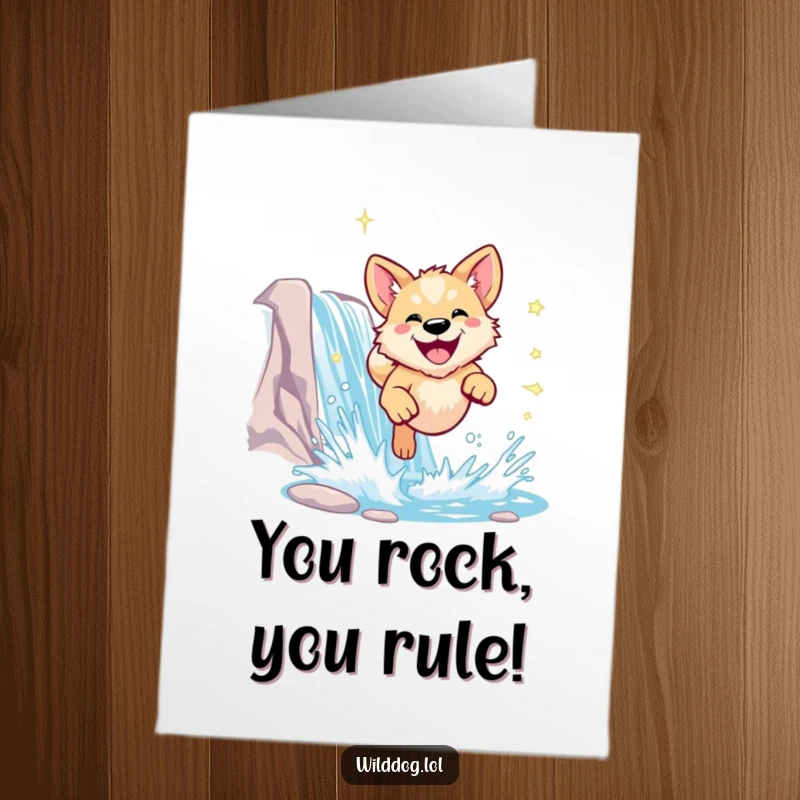 Funny Free Printable Congrats Card: A dog with a radiant smile leaps through a shimmering waterfall, celebrating.
