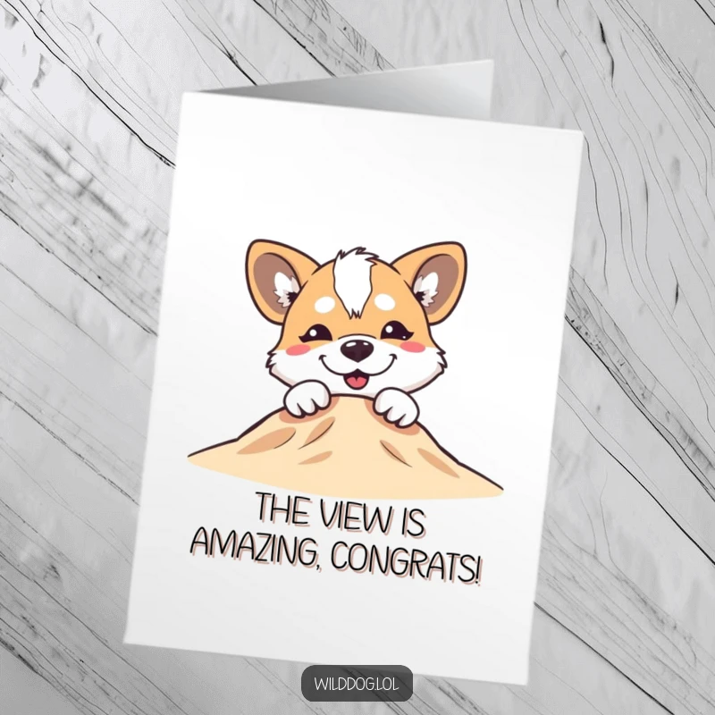 Funny Free Printable Congratulations Card: A wild dog with a silly grin peeking over a small hill, announcing good news.