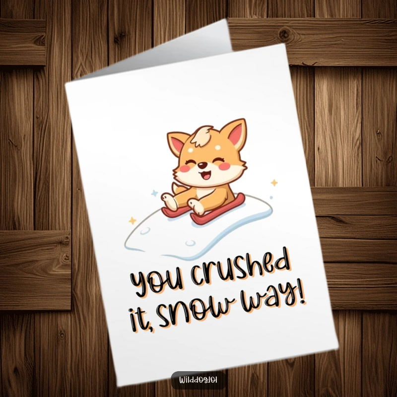 Funny Free Printable Congrats Card: Wild dog sliding down a snow-covered hill with extreme glee.