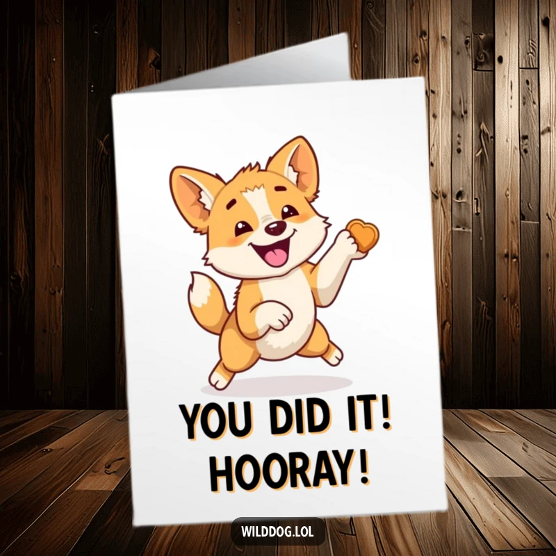 Funny Free Printable Congratulations Card: Wild dog bursting with energy, tail wagging uncontrollably in celebration of good news.